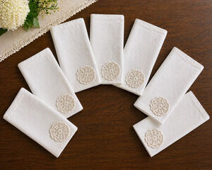 Crochet Applique White Napkins Set Cottagecore Dining Cotton Blend 7pc